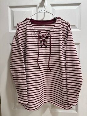 Lands' End Striped Lace-Up Knit Top in Light Pink and Burgundy